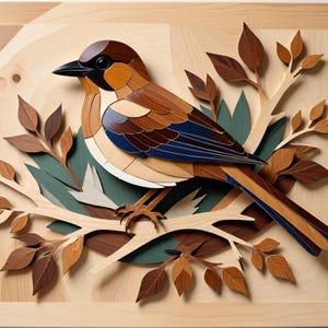 Bird Branch Intarsia Pattern for Wood, Marquetry, Diamond Painting home decor wall art Printable Digital Download V2