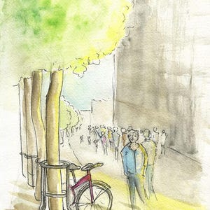 May include: Watercolor painting of a city scene with a bicycle parked near a tree. A person in a blue jacket and several other people are walking on the sidewalk. The scene is rendered in soft, muted colors.