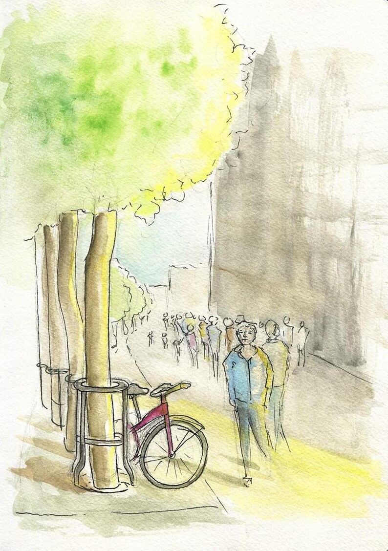 May include: Watercolor painting of a city scene with a bicycle parked near a tree. A person in a blue jacket and several other people are walking on the sidewalk. The scene is rendered in soft, muted colors.