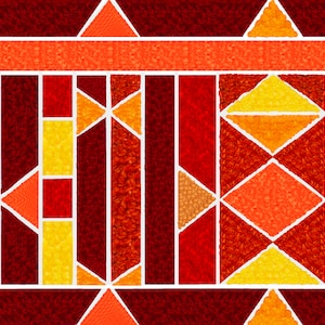 May include: Abstract geometric pattern with a repeating design of triangles and squares in shades of red, orange, and yellow.