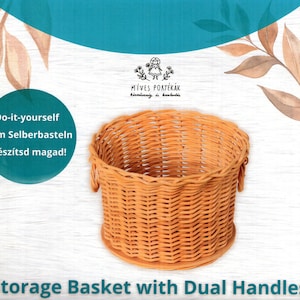 May include: A round, light brown wicker storage basket with two handles. The text "Storage Basket with Dual Handles" is at the bottom of the image. The basket is suitable for DIY projects.