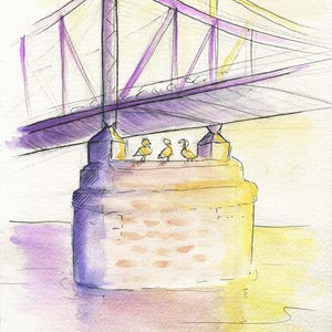 May include: Watercolor painting of a bridge with a purple truss structure and a stone pillar. Three yellow duck figures stand on the pillar. The water below reflects the bridge and the yellow and purple hues.