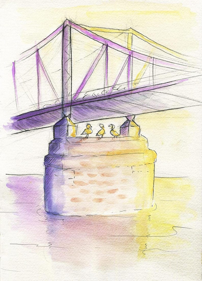 May include: Watercolor painting of a bridge with a purple truss structure and a stone pillar. Three yellow duck figures stand on the pillar. The water below reflects the bridge and the yellow and purple hues.