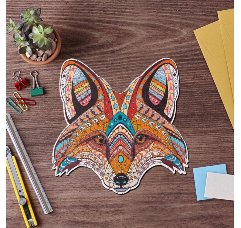 WOODEN JIGSAW PUZZLE Fox Totem Shaped Puzzle, Whimsy Pieces, Irregular Shapes, Animal Face, New Wizardi image 4