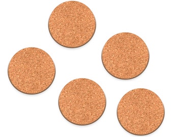 May include: Set of five round cork coasters. The coasters are brown and have a natural cork texture.