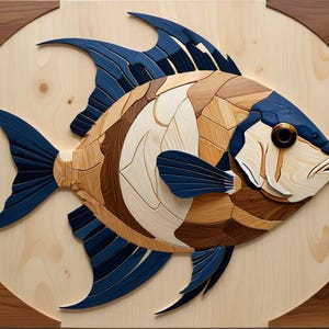 Könnte beinhalten: Eine Holzfischskulptur mit blauen und braunen Details. Der Fisch ist aus verschiedenen Holzarten gefertigt und hat ein realistisches Aussehen.