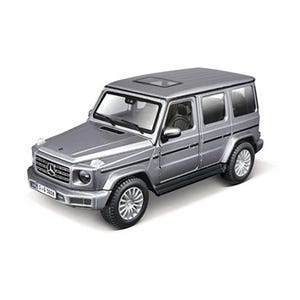 May include: A silver-colored model SUV with a sunroof, black tires, and detailed rims. The miniature vehicle has a front grill with the brand's logo and a license plate. The windows are tinted, and the car has side mirrors.