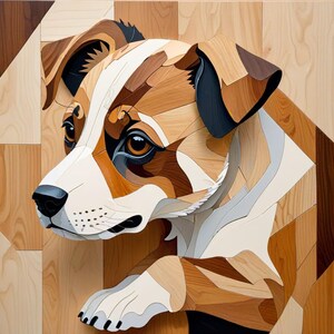 May include: A wooden art piece depicting a dog's head and front paw. The artwork uses various shades of brown, white, and black wood pieces to create the dog's form. The dog's eyes are brown, and the background is a light wood grain.