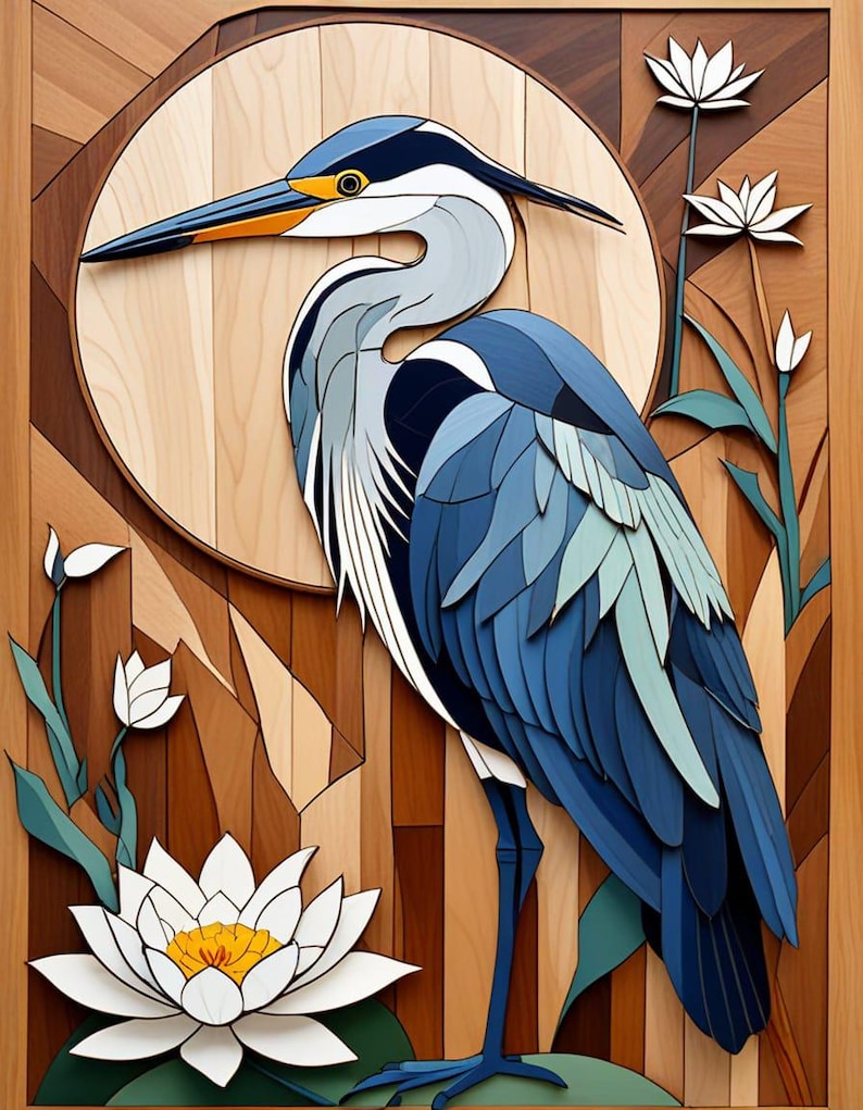 May include: A blue and gray heron with a long beak stands on a wooden platform with a white water lily in the foreground. The heron is surrounded by a wooden background with a circular pattern.