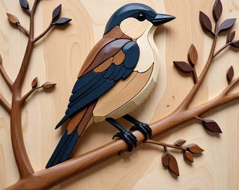 Patrón de intarsia de pájaro en rama: Arte en marquetería (Descarga digital)