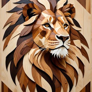 May include: A wooden sculpture of a lion's head with a detailed mane made of different wood types. The sculpture is set against a background of wood panels.