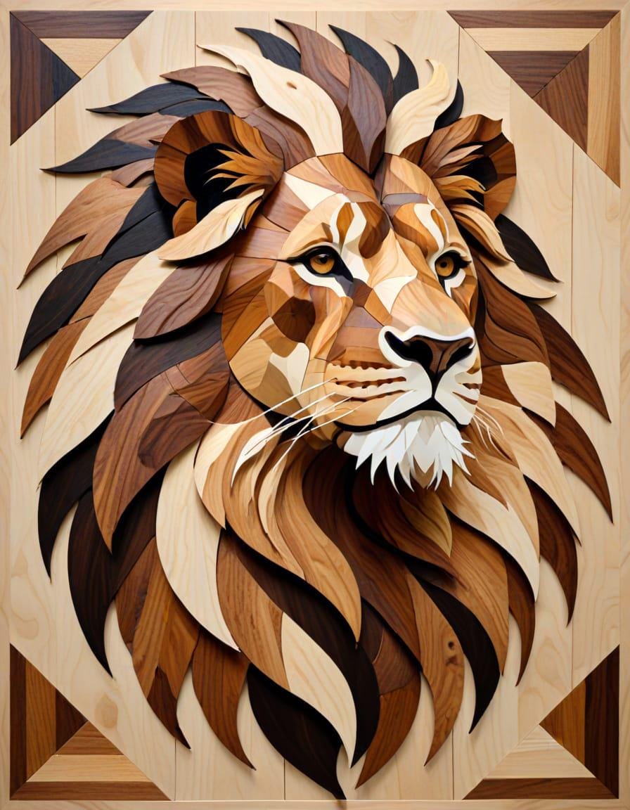 Lion Portrait Intarsia Pattern: Wood Marquetry Wall Art (digital