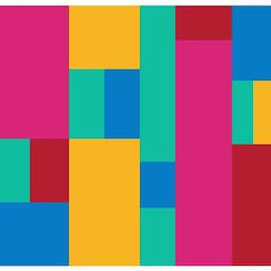 May include: Abstract geometric design featuring a vibrant arrangement of rectangular shapes. The composition includes blocks of magenta, teal, yellow, red, and blue, creating a colorful and modern aesthetic.