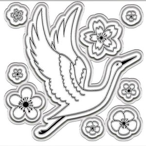 FOLHA DE SELO CLARO 9 peças conjunto de flor de cerejeira guindaste pássaro voando para fazer cartão scrapbooking