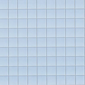 May include: A close-up of a light blue tiled surface. The tiles are square, with white grout lines creating a grid pattern. The tiles are evenly spaced, creating a clean, modern look, suitable for a bathroom or kitchen.