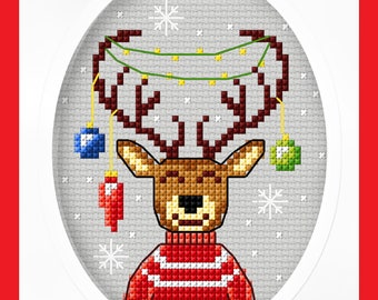 CHRISTMAS CARD Cross Stitch Kit Reindeer with Baubles