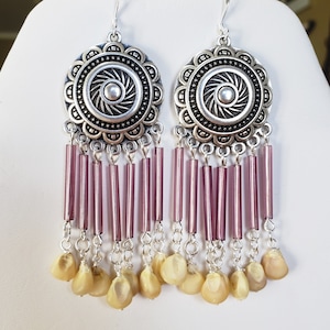 GG-6E) White Glass Gem Corn Seed Long Earrings on Sterling Silver Wires.