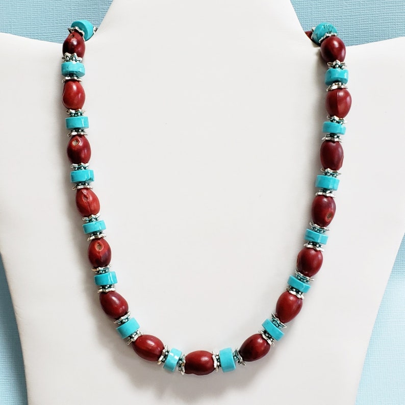 Natural Red Mescal Bean Necklace With turquoise Etsy