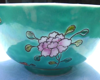 Ciotola di riso di porcellana turchese vintage pre-1950 cinese Zhongguo Jingdezhen