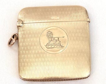 Antieke 9k gouden vesta-kast / luciferkluis, Birmingham, Engeland: Lion Crest, John Collard Vickery