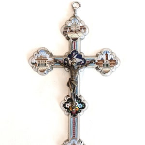 Italian fine micro-mosaic, antique wall crucifix, silver plated brass or bronze