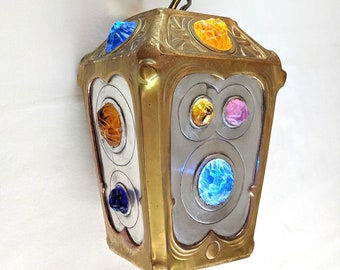 Österreichische Jugendstil Pendelleuchte aus Brockenglas, vergoldetem Messing