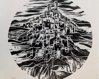 Mel Silverman, 1963 modernistische houtsnede 'The Village': 170/250, Associated American Artists