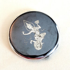 Siamese Niello & sterling mirrored powder compact, traditional motif