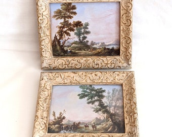 Due paesaggi europei a guazzo, scene di campagna bucoliche; 6 3/4 H x 8 W, non firmato, con cornice e vetro