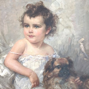 Frederique Vallet Bisson oil on canvas "Little Girl with Her Dog" signed & dated 1932