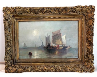 19th century Northern European nautical scene; oil on panel, elaborate frame, signed