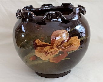 Weller Louwelsa large jardiniere with Iris, chocolate brown with golden flower, high gloss, 9 1/2 inches high