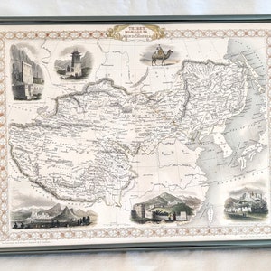 Umrahmte handkolorierte Landkarte von Tibet, der Mongolei und Mandschurei um 1851; 10 3/4 H x 14 5/8 B Zoll, Karte passend in Rahmen beschnitten