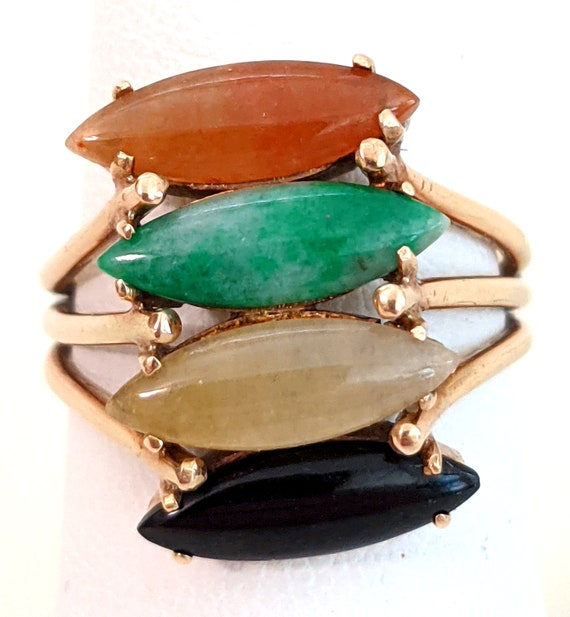 14k Gold Ring, Four Colors Jadeite Marquise Caboc… - image 2