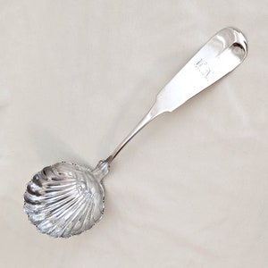 Early Gorham coin silver large ladle, punch or soup; shell-shaped bowl, fiddle back handle, &#39;HA&#39; monogram; 11 1/2 L, 145 grams