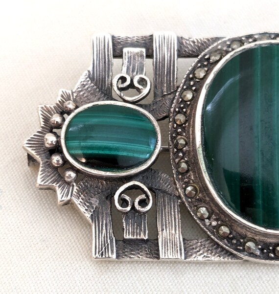Sterling brooch set with malachite cabochons, mar… - image 2