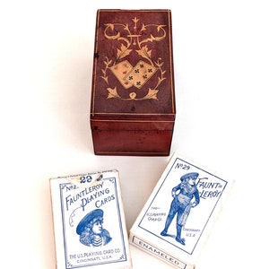2 mazzi completi di carte da gioco piccole Fauntleroy del 1896, custodia in legno intarsiato
