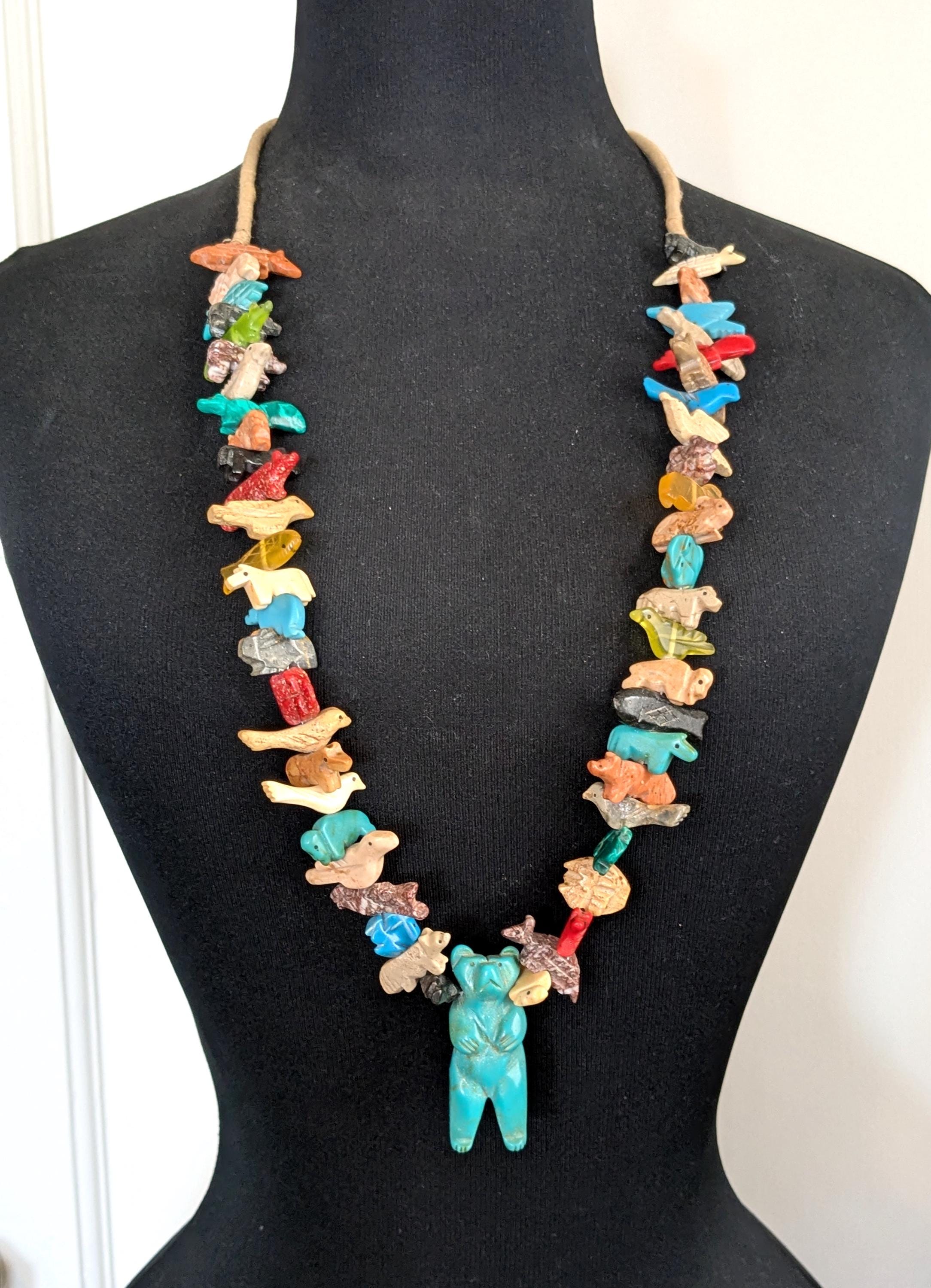 Collier Zuni Fetiche - 5 Rangs De Perles, Turquoise, Longueur 30cm | Bijou Vintage Et Ethnique