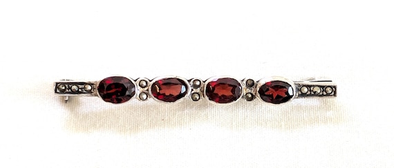 Sterling Silver Garnet & Marcasite Bar Brooch