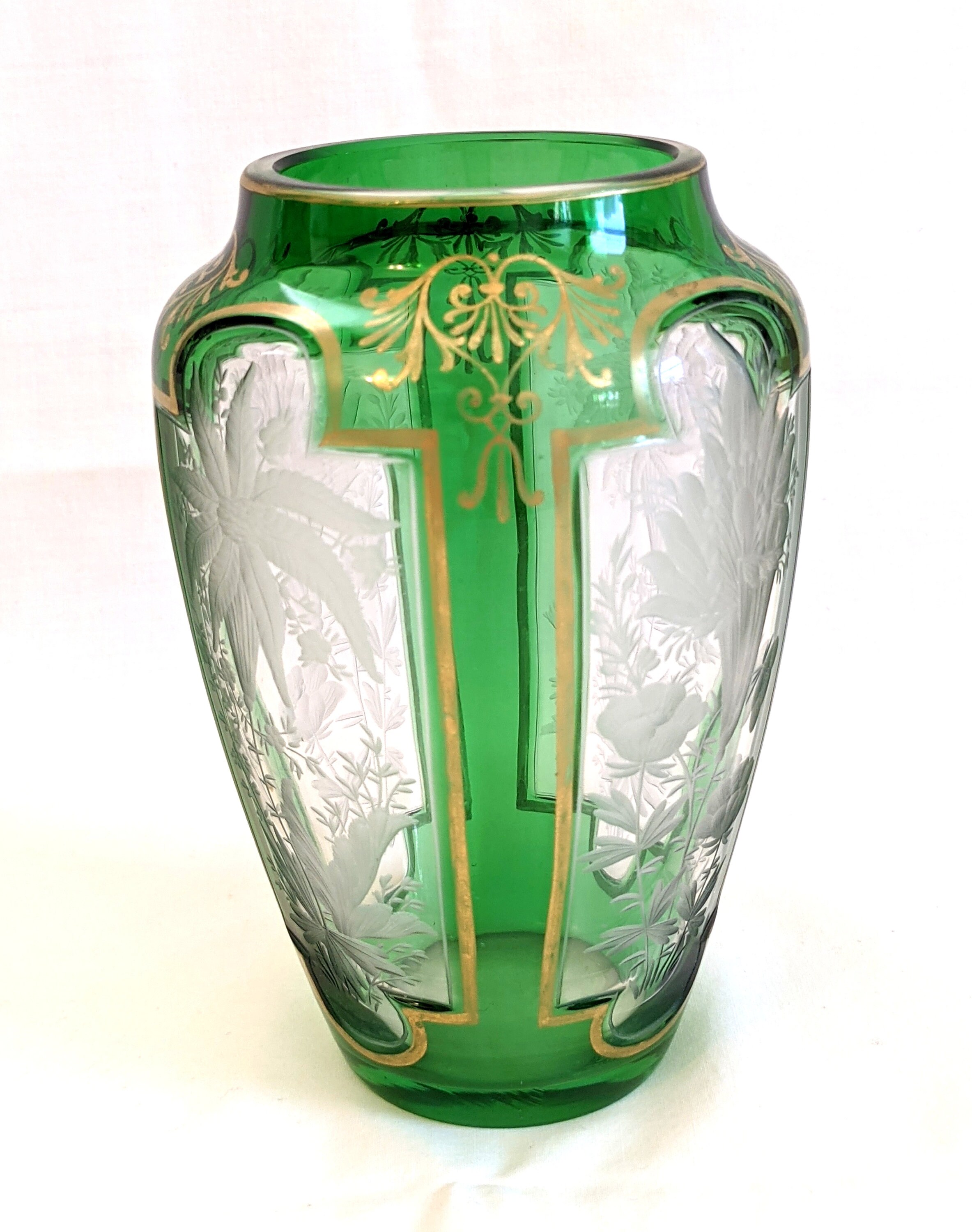 Moser Style Hand Made, Etched Cased Glass Vase; Gilt Trim, 6 1/4