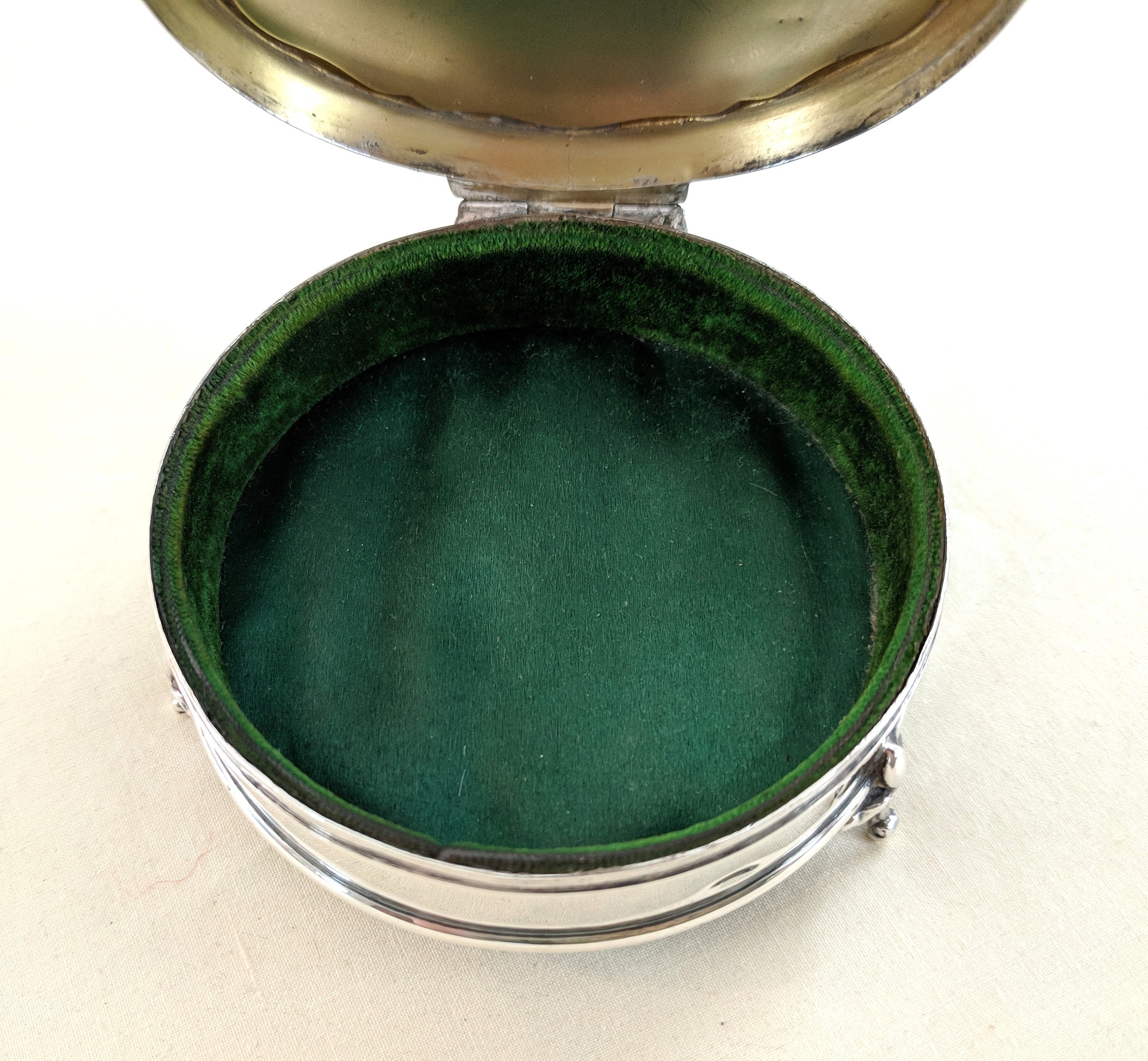 English Sterling Hinged Trinket Box, Green Silk & Velvet