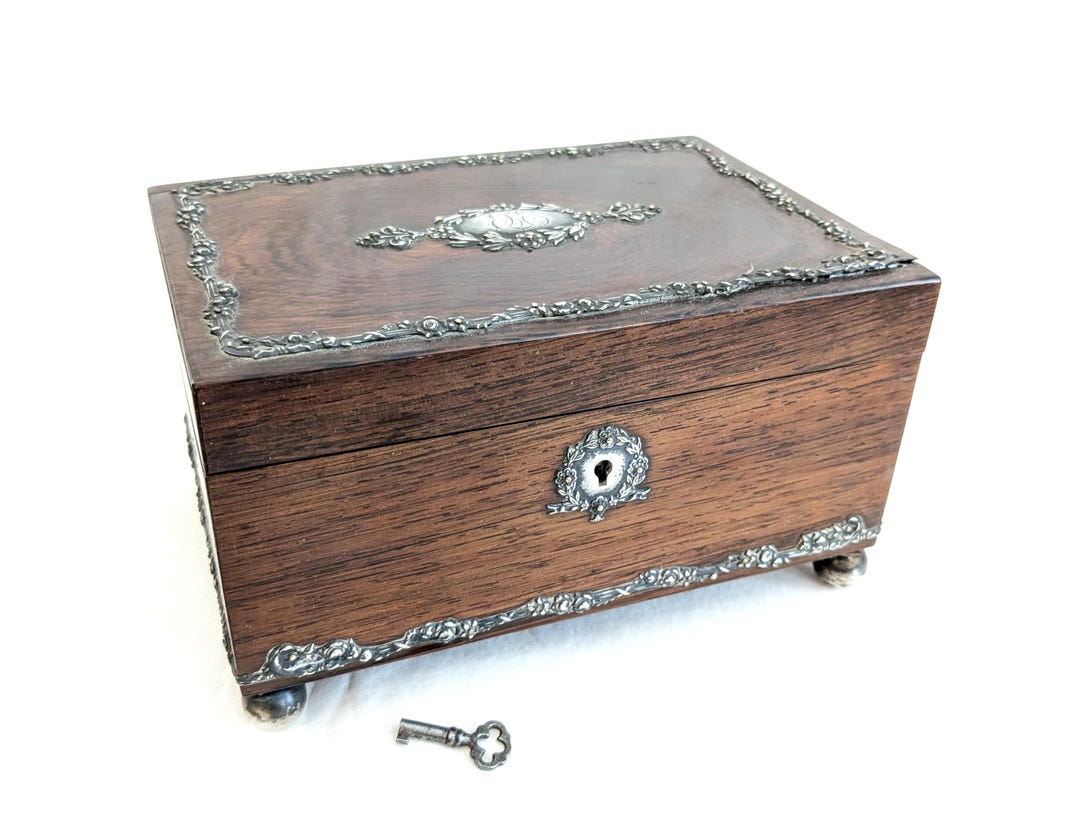 Silver Mounted Wood Jewelry Box: Working Lock & Key, Lined, Silver Ball ...
