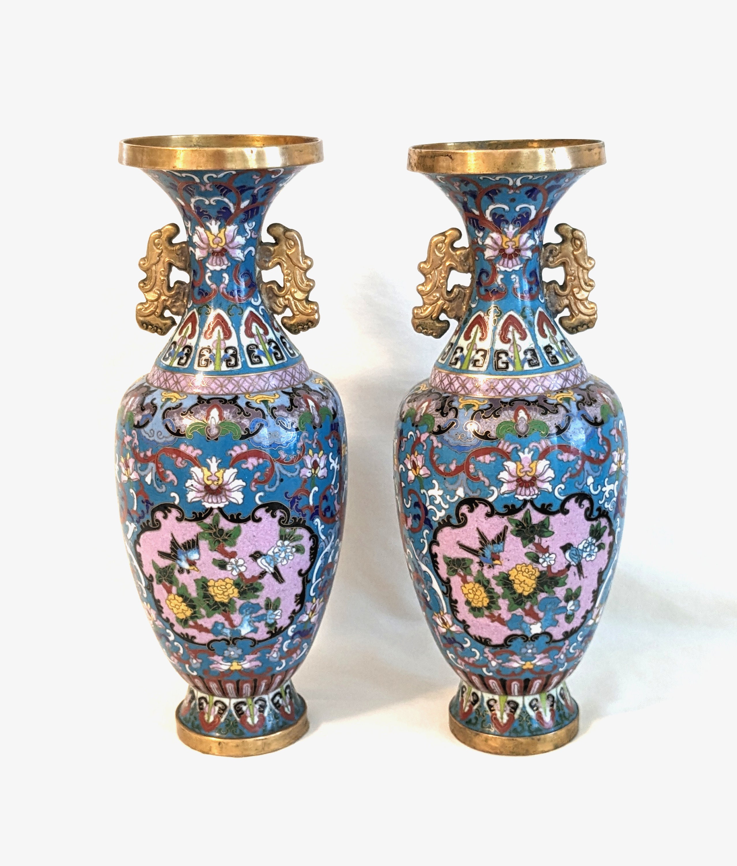中国美術 花瓶 硯滴 セット 銅 七宝焼 中国風金箔真鍮七宝焼き花瓶：鳥と花のモチーフ - Etsy 日本
