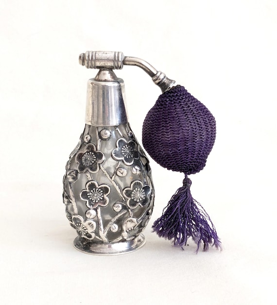 Japanese .950 Silver Overlay Perfume Atomizer: Sakura Flower
