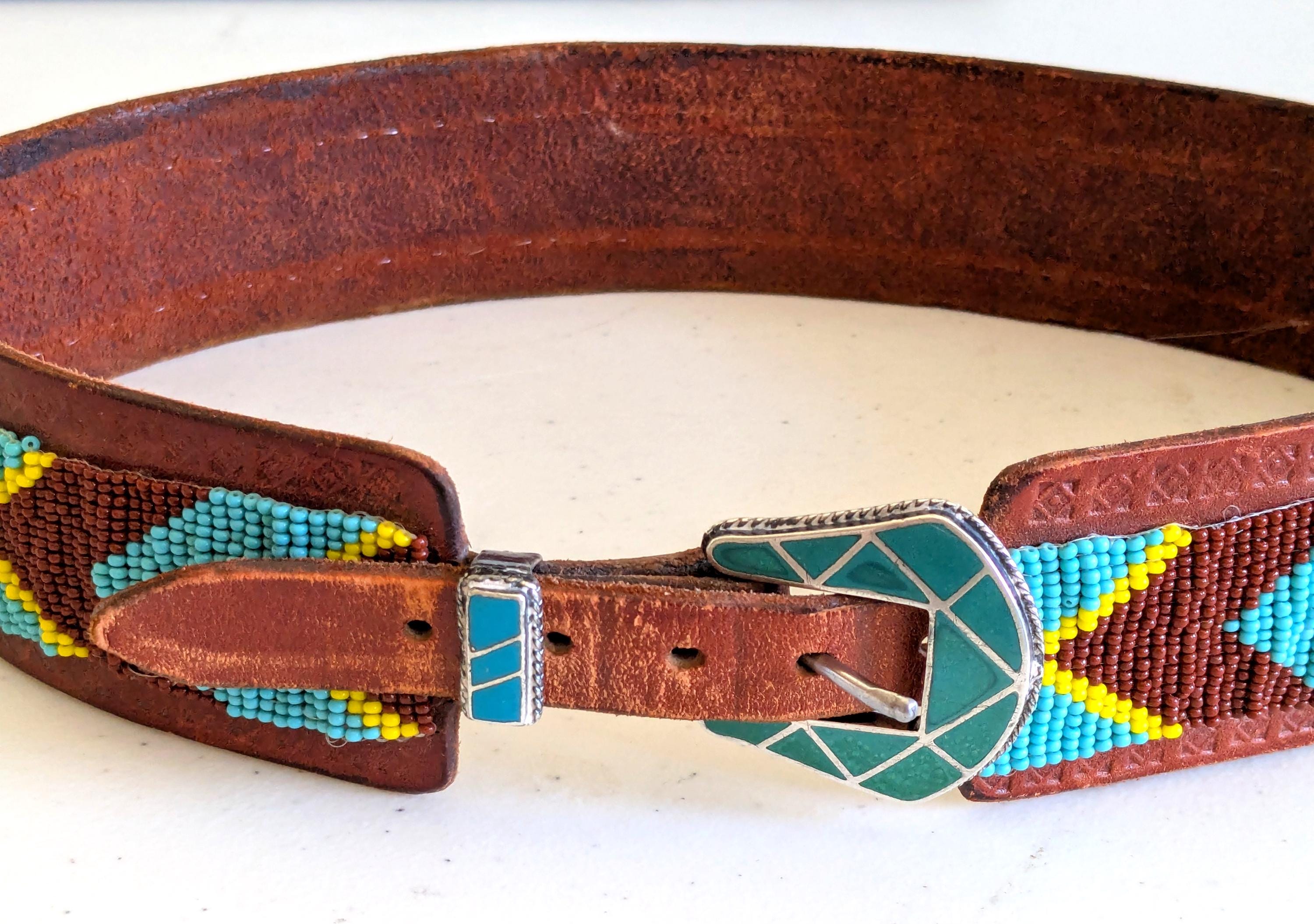 Southwestern Beaded Leather Belt: Sterling Silver Enamel  display picture 3