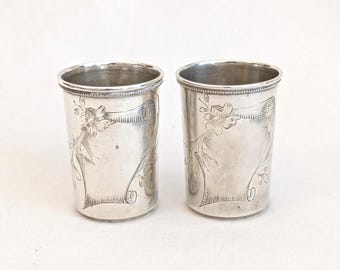 Pair of Imperial Russian .875 Silver Vodka Cups, 2"H x 1 3/8 W, Scroll & Foliate Motif