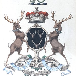 Original 1784 Coat of Arms for the Dukes of Devonshire, hand colored engraving, plate 34 from "Baronagium Genealogicum"