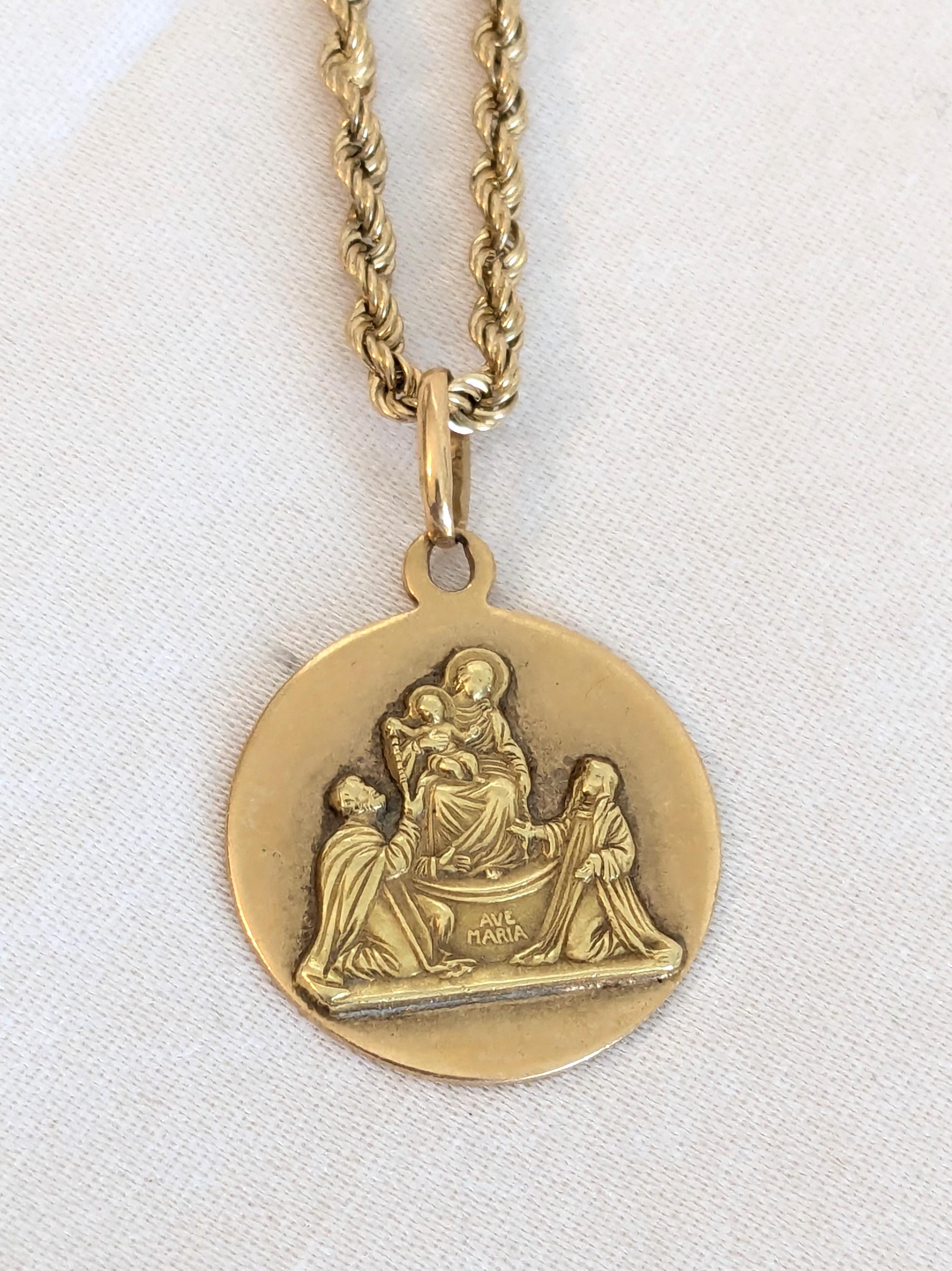 Italian 18k Gold Ave Maria Pendant: 14k Gold Rope Chain Necklace