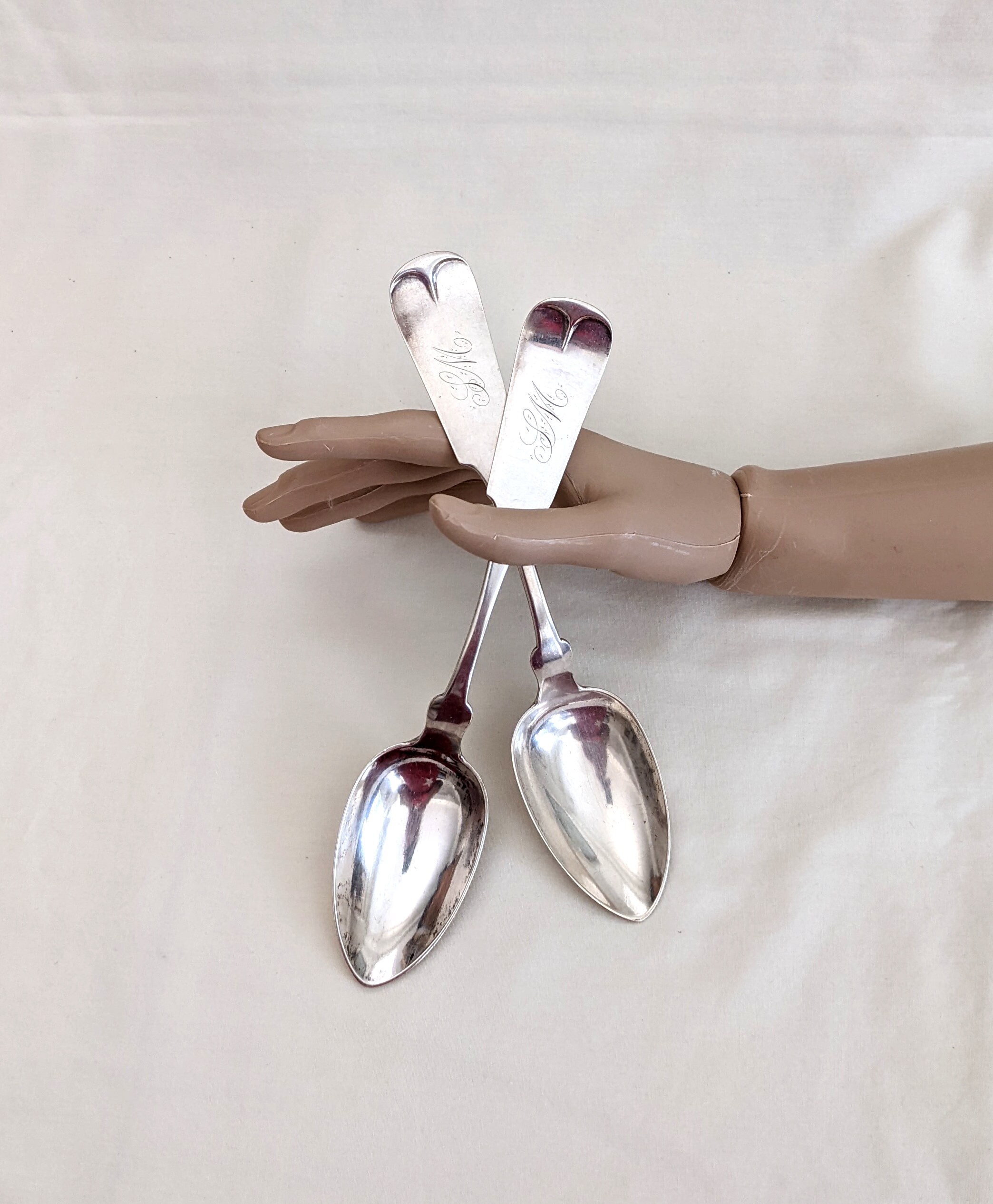 Antique Coin Silver Serving Spoons: Fiddleback Wing Design