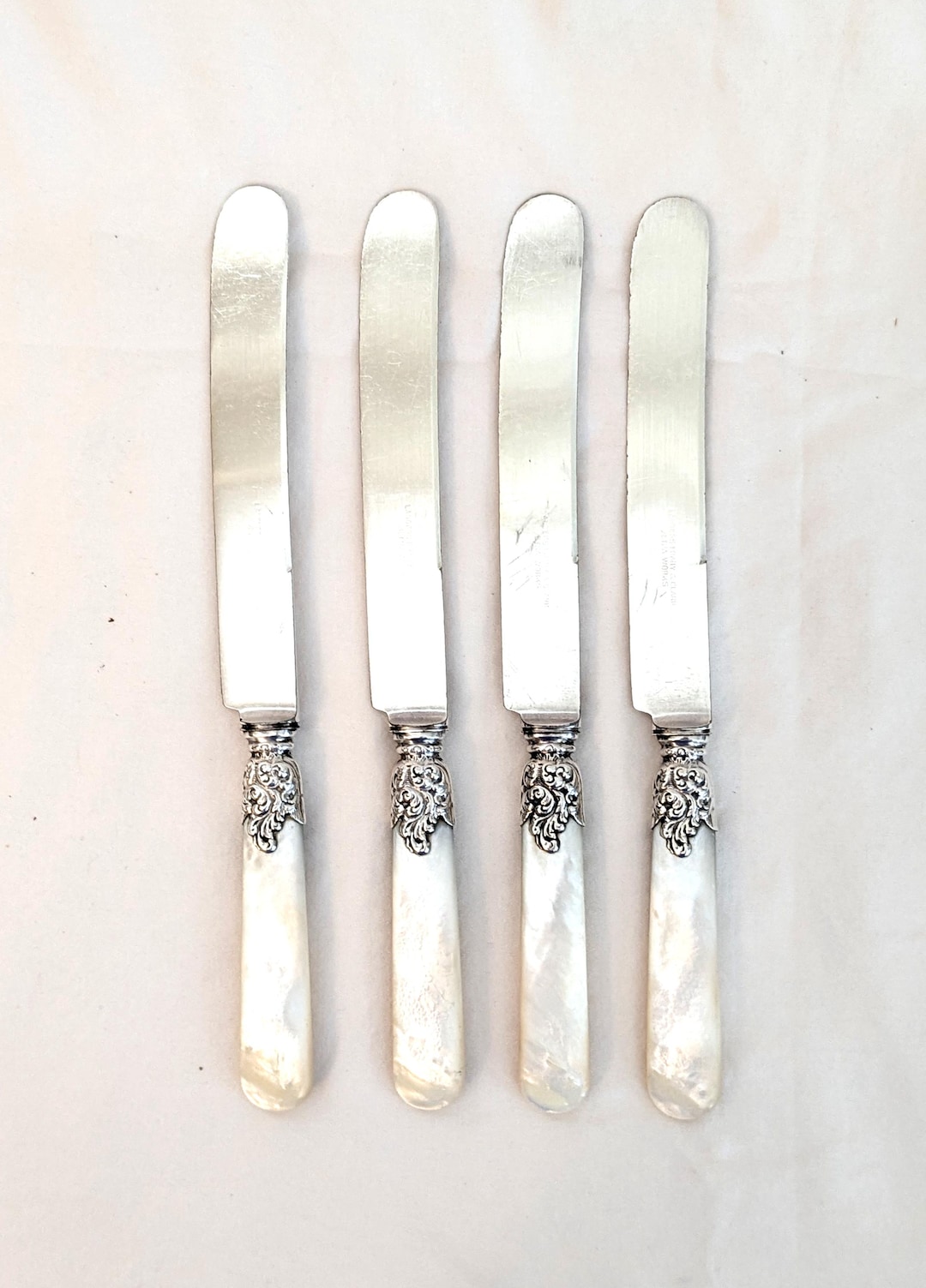 Pearl Handle Dinner Knives: Sterling Collars, Silver Plate Blades